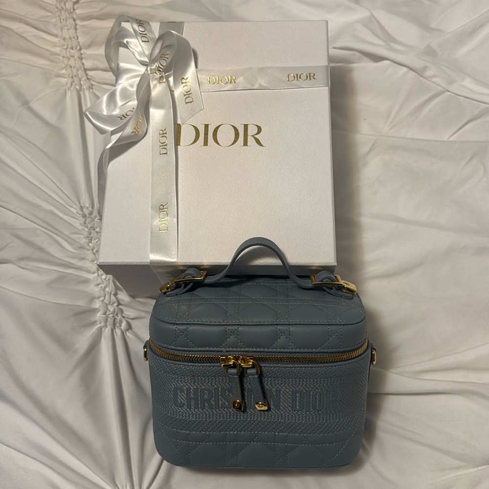 CHRISTIAN DIOR Lambskin Cannage Small Diortravel Vanity Case in Cloud Blue